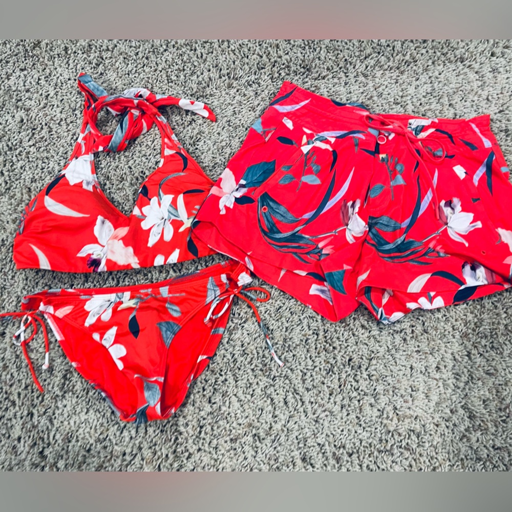 Athleta Red and White Floral bikini set and swim short